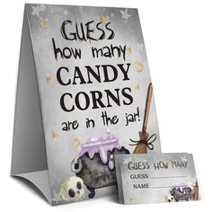 a greeting card with the words guess how many candy corns are in the jar