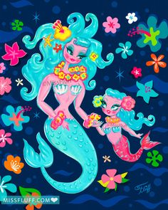 a painting of a mermaid and her baby in the water with flowers on their hair