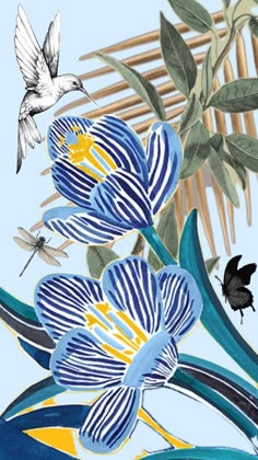 a painting of blue and yellow flowers with a bird flying over them