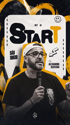 a man holding a microphone in front of a poster with the words star on it