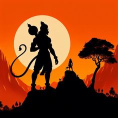 the silhouette of a man standing on top of a hill in front of an orange sunset