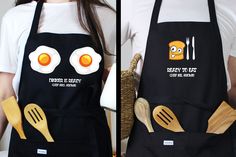 two pictures of an apron with eggs and utensils on the front, and in the back