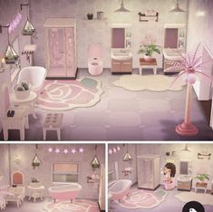 the interior of a dollhouse with pink furniture and accessories