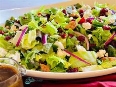 a salad with cranberries, onions and lettuce on a white plate