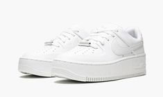 The Women’s Nike Air Force 1 Sage Low “Triple White” is a casual women’s shoe in a colorway based on the model’s iconic “White on White” design.  Made for everyday wear, the Air Force 1 Sage Low features a wedge rubber sole and a leather upper.  Here, on the “Triple White,” the monochromatic white appearance is based on the legendary “White on White” Air Force 1.  White leather can be found on the perforated toe, mid-panel, and on the Swoosh branding that appears on both sides.  The silver lace Womens Air Force 1, Nike Air Force 1 Sage Low, Air Force 1 Sage Low, Custom Sneakers Diy, White Air Forces, White Air Force 1, Nike Air Force Ones, Nike Fashion, Nike Womens