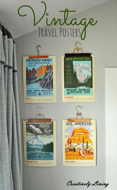 vintage travel posters are hung on the wall