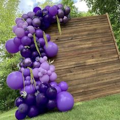 a bunch of purple balloons hanging from the side of a wooden sign in front of some trees