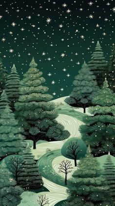 a snowy night with trees and stars