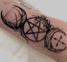 a black and white photo of a tattoo on the arm with an inverted pentagramil