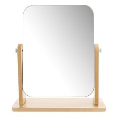 a wooden stand with a large mirror on it's sides and a white background