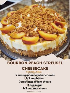 an advertisement for a cheesecake with peaches and crumbled toppings on it