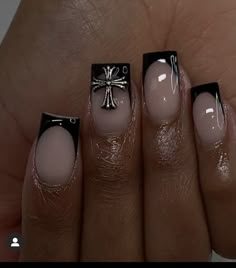 Short Chicana Nails, Black French Tip Nails Square With Cross, Short Nails Gothic Ideas, Square Acrylic Nails Cross, Nail Inspo Y2k Short, Simple Nail Designs With Charms, Cross Short Nails, Nail Ideas For A Black Dress, Chrome Heart Nails Short