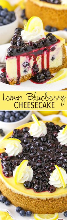 lemon blueberry cheesecake on a white plate