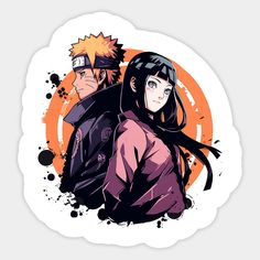 two anime characters are standing next to each other in front of an orange and white background