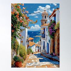 a painting of an alley leading to the ocean with flowers and buildings on either side