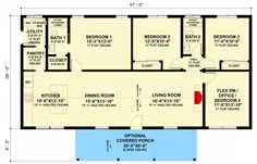 the floor plan for an office building with three rooms and two bathrooms, including a second bedroom