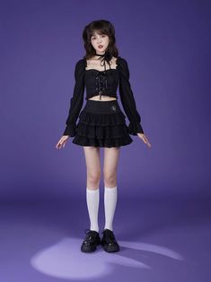 ❤︎Lace-up voluminous sleeve short top + tiered skirt❤︎ Pearl Bag, Quilted Bag, Black Suits, Tiered Skirt, Skirt Length, Short Tops, No Frills, Art Inspo, Lace Up