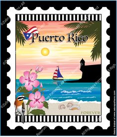 a stamp with the words puerto rico on it and flowers in front of an ocean scene