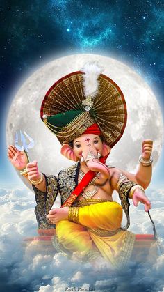 lord ganesha sitting on the clouds holding a knife and fork in his hand