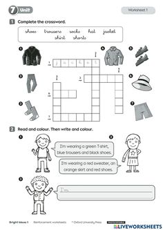 the crossword worksheet for children to learn how to read and understand clothes