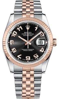 116231 | M116231-0090 ROLEX DATEJUST 36 MEN'S OR WOMEN'S LUXURY WATCH Store Display Model (What's This?) - With Manufacturer Serial Numbers - Swiss Made - Concentric Circle Black Dial - Solid 18k Everose Gold Fluted Bezel - Date Feature - Self-winding Automatic Chronometer Movement - 6 Year Warranty - Guaranteed Authentic - Certificate of Authenticity - Manufacturer Box & Manual - Solid 18k Everose Gold with 904L Oystersteel Stainless Steel Case & Jubilee Bracelet - Scratch Resistant Sapphire Crystal - 100 Meters / 330 Feet Waterproof - 36mm = 1 1/3" Case, 6" Adjustable Bracelet - Deployment Buckle - Luminescent Hands and Markers - Screw Down Crown & Caseback - Free Bracelet Sizing     Also Known As Model # 116231-BLKCAJ Men Illustration, Rolex Presidential, Lux Watches, Rolex Oyster Perpetual Datejust, Buy Rolex, Rolex Women, Watches Collection, Rolex Watches For Men, Watches Women