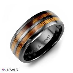 men's wedding band with two wood inlays and an inscription on the side