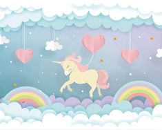 a paper cut out of a unicorn flying through the sky with heart shaped balloons above it