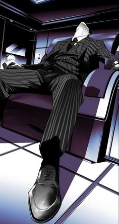 a man in a suit and tie sitting on a chair with his foot up to the ground