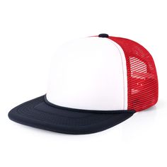 a white and red trucker hat with black brimmed mesh on the front