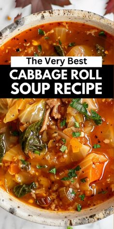 the very best cabbage roll soup recipe in a white bowl with autumn leaves around it