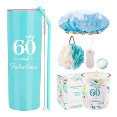 a blue candle and some other items on a white background with the words 60 and fabulous