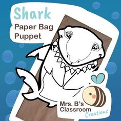 a paper bag with a cartoon shark on it's back and an insect in its mouth