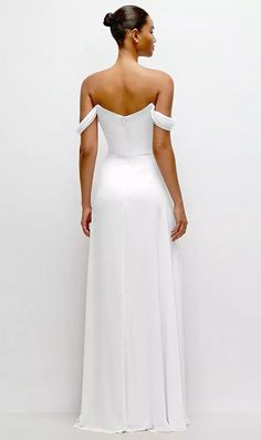 Shop this Give off a sweet, romantic vibe at your next formal gathering. This off-the-shoulder maxi dress is sure to draw attention with an eye-catching draped detail at the neckline. Featuring a modified circle skirt flowing from a natural waist, this lux chiffon dress flatters the form as it radiates classic elegance. Draped Neckline, Long White Dress, Circle Skirt, Custom Dresses, Classic Elegance, Popular Style, Chiffon Dress, Fabric Color, To Draw