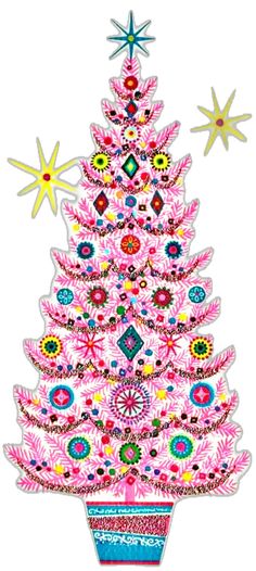 a pink christmas tree with stars on top