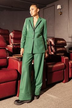 Street green blazer with an embroidered lapel collar. - Aza Fashions Festive Luxury Green Blazer, Luxury Green Blazer With Lapel Collar, Royal Crest, Embroidered Blazer, Blazer Women, Women Jackets, Green Blazer, Lapel Collar, Blazers For Women