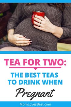 a pregnant woman sitting on a bench holding a red cup with the words tea for two