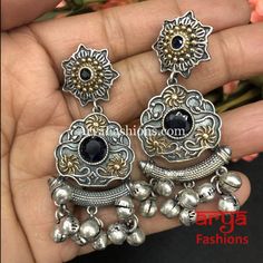 Silver Oxidized Dual Tone Chandbali Earrings Dimensions: Approx. 3 Inches Oxidized Silver Earrings, Chandbali Earrings, Oxidized Silver, Traditional Indian, Pretty Jewellery, Colored Diamonds, New Product, Silver Earrings, Two Tone