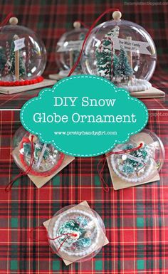 three snow globe ornaments on top of a plaid table cloth with text overlay that reads diy snow globe ornament