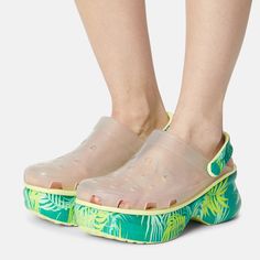 Tropical Bae Platform Crocs With Back Straps And A Transparent Upper. Super Comfortable Iconic Crocs Soles. Exclusive Sold-Out And Hard To Find Style. These Are Brand New, Never Worn, But They Have Some Scuffing Of The Print. Please See The Photos To See The Areas Where There Are Imperfections! Size 6 2.4 Inch/ 60 Mm Height From Floor To Heel Rest Customizable With Charms New Without Tags Summer Clogs With Translucent Outsole, Casual Clear Synthetic Heels, Green Closed Toe Synthetic Clogs, Green Synthetic Closed Toe Clogs, Clear Closed Toe Synthetic Jelly Sandals, Clear Synthetic Closed Toe Jelly Sandals, Spring Closed Toe Synthetic Clogs, Spring Synthetic Closed Toe Clogs, Spring Clogs With Translucent Outsole And Round Toe