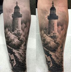 two different views of a lighthouse tattoo on both legs and leg sleeves, one is black and white the other is grey