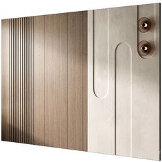 two doors with handles and knobs are shown in front of a white wall that has wood paneling on it