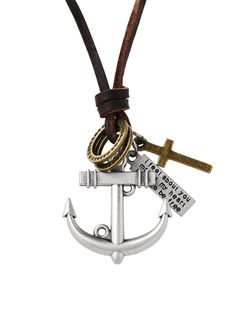 PRICES MAY VARY. NAUTICAL AND SPIRITUAL ENSEMBLE: This eclectic boho necklace combines maritime and spiritual motifs, featuring a prominent anchor, a classic cross, and a ring with an engraved message, creating a symbolic blend of guidance, hope, and faith. LAYERED CHARM DESIGN: Multiple charms dangle artfully from the leather loop, offering a layered look that is both casual and meaningful, and pairs well with a variety of outfits. GENUINE LEATHER CORD: The charms are strung on a genuine leathe Bohemian Jewelry Gift, Eclectic Boho, Metal Tag, Boho Eclectic, Metal Tags, Boho Vintage, Inspirational Message, Leather Necklace, Bohemian Jewelry