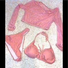 Very Cute Nwt Light Pink Bikini With Sheer Overlay Top. Three Piece Outfit, Bra Has Removable Pads, Fully Lined, Never Worn. Super Cute Beachwear Tops For Club And Beach Season, Beachwear Triangle Top For Parties, Beach Party Crop Top, Fitted Pink Crop Top For Beachwear, Spring Party Tankini With Triangle Top, Pink Underwire Summer Top, Stretch Beachwear Crop Top For Beach Party, Stretch Crop Top Swimwear For Beachwear, Summer Stretch Underwire Crop Top