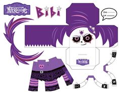 the paper doll is made to look like it's wearing purple hair and makeup