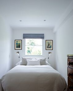 a bed sitting under a window in a bedroom