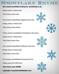 the poem snowflake rhyme is written in blue and white on a gray background