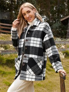 EMERY ROSE Plaid Print Drop Shoulder Pocket Patched Overcoat | SHEIN USA Women Outerwear, Black And White Design, Plaid Print, White Casual, Sleeve Detail