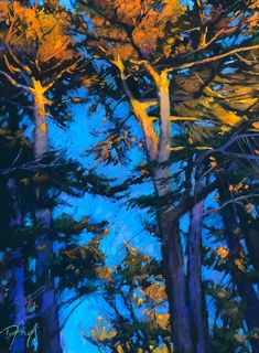 an oil painting of trees with blue sky in the background and orange leaves on them