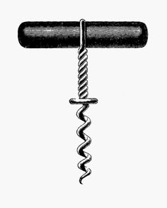 a black and white drawing of a corkscrew hanging from a metal rod with spirals on it