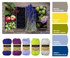 several colors of yarn are shown with the text, color swatches and instructions for knitting